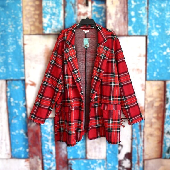Women's Maurices Blazer Stretch Tartan Boyfriend Fit Longline Oversized 3X Red - Picture 1 of 10